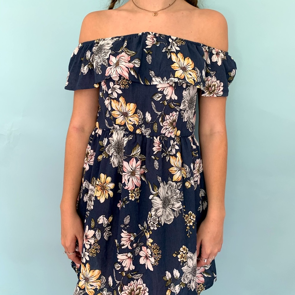 Blue Floral Shoulderless Dress - Size M
